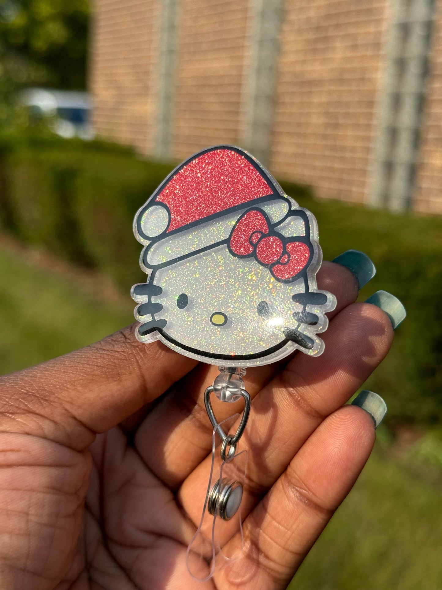 Santa Kitty Head Retractable Badge Reel, HK badge reel, Cute ID Holder, Kawaii Key Card Holder, RN Badge Reel