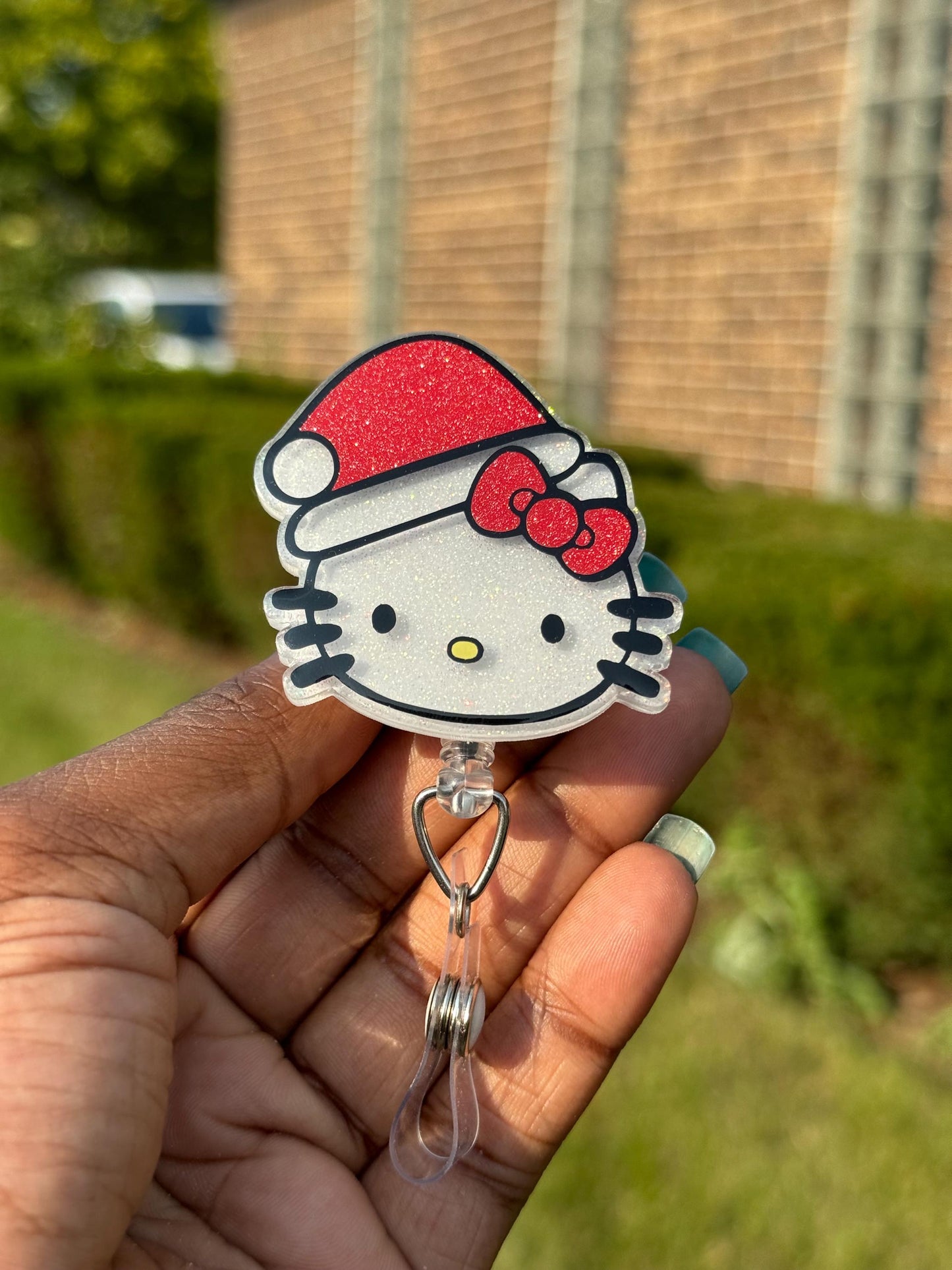 Santa Kitty Head Retractable Badge Reel, HK badge reel, Cute ID Holder, Kawaii Key Card Holder, RN Badge Reel