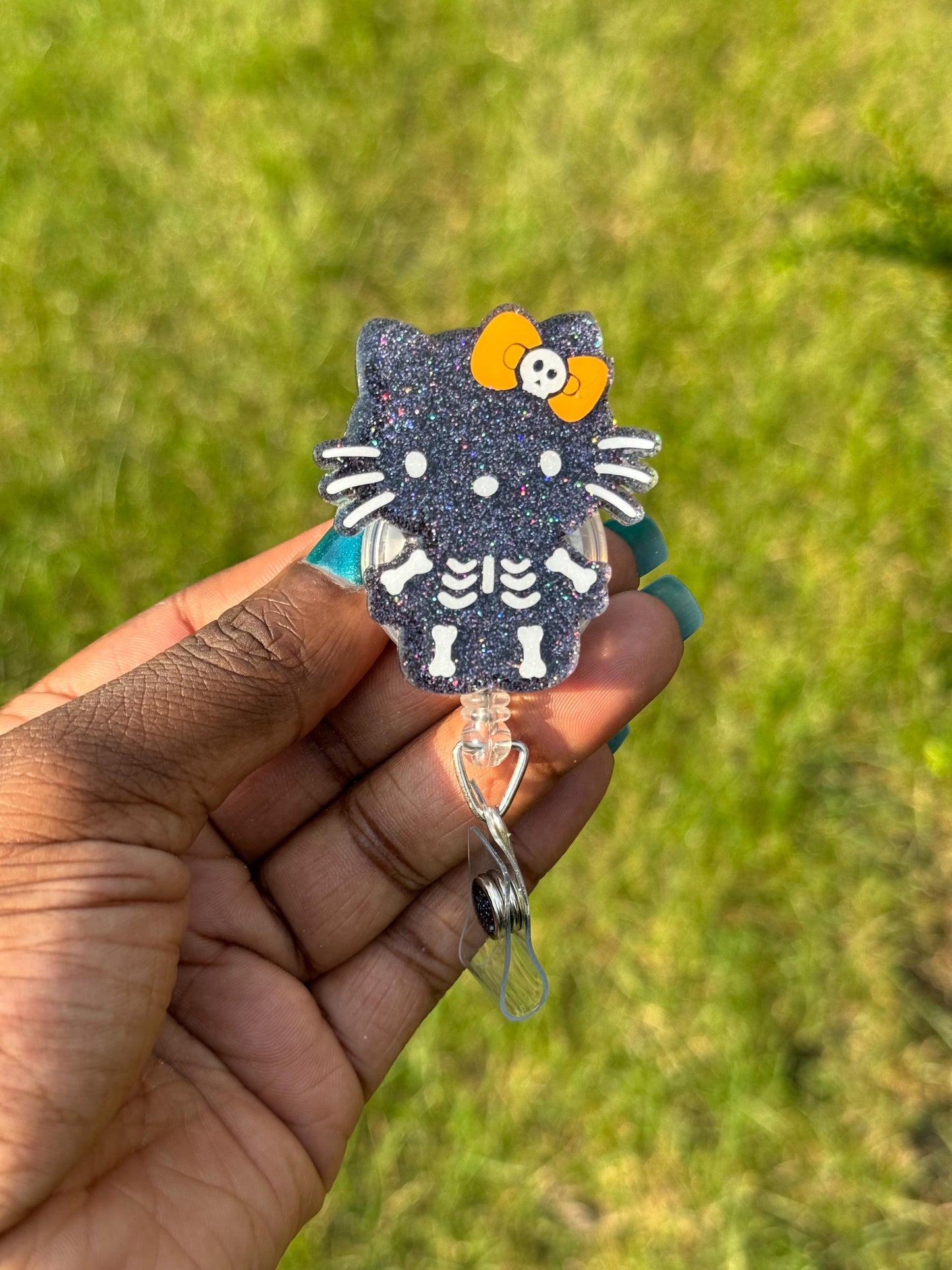 Skeleton Kitty Retractable Badge Reel, HK badge reel, Cute ID Holder, Kawaii Key Card Holder, RN Badge Reel