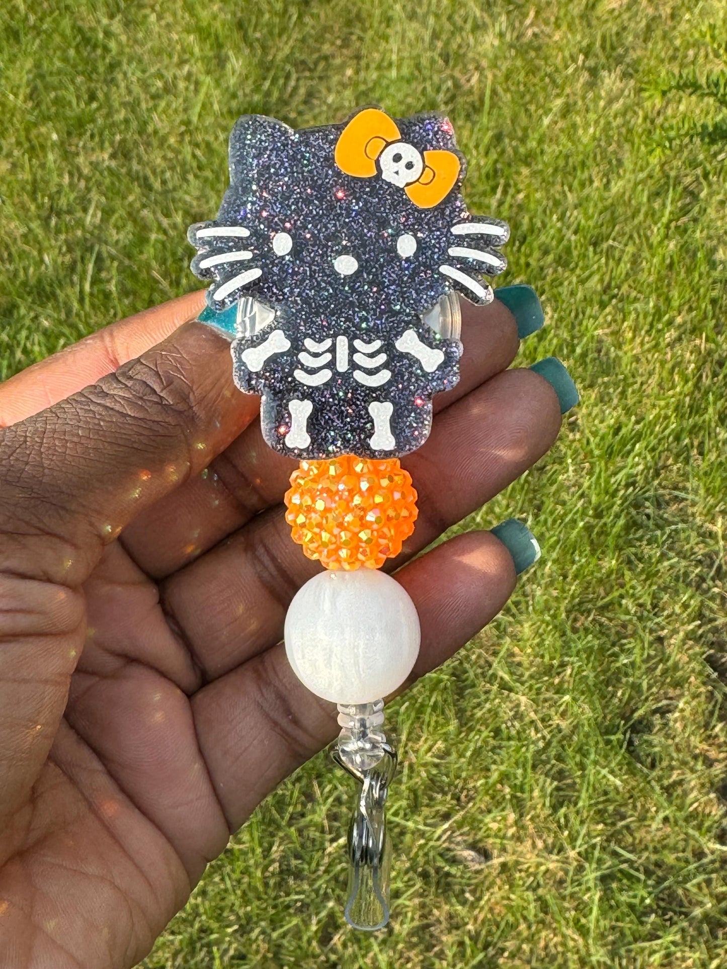 Skeleton Kitty Retractable Badge Reel, HK badge reel, Cute ID Holder, Kawaii Key Card Holder, RN Badge Reel