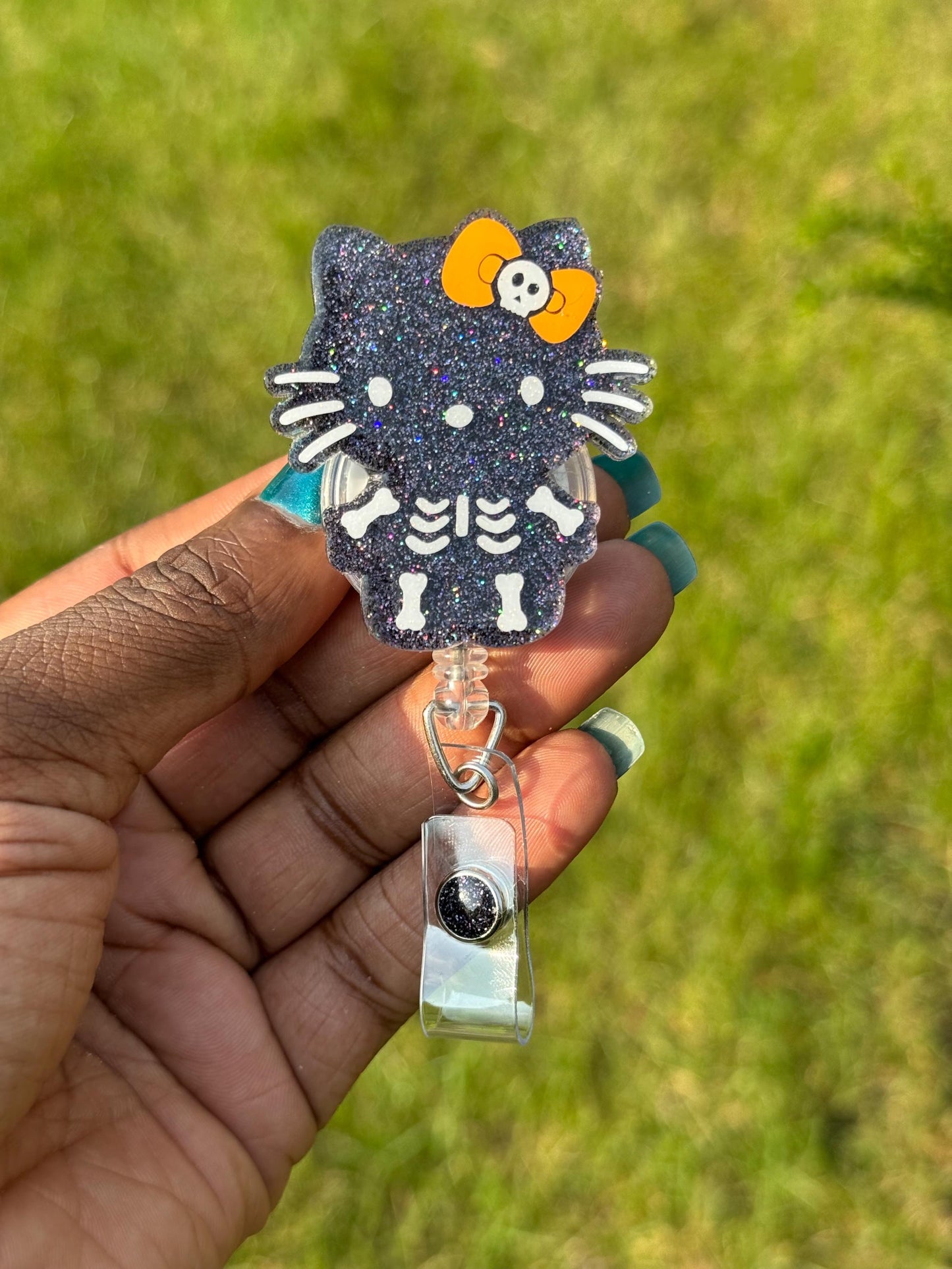 Skeleton Kitty Retractable Badge Reel, HK badge reel, Cute ID Holder, Kawaii Key Card Holder, RN Badge Reel