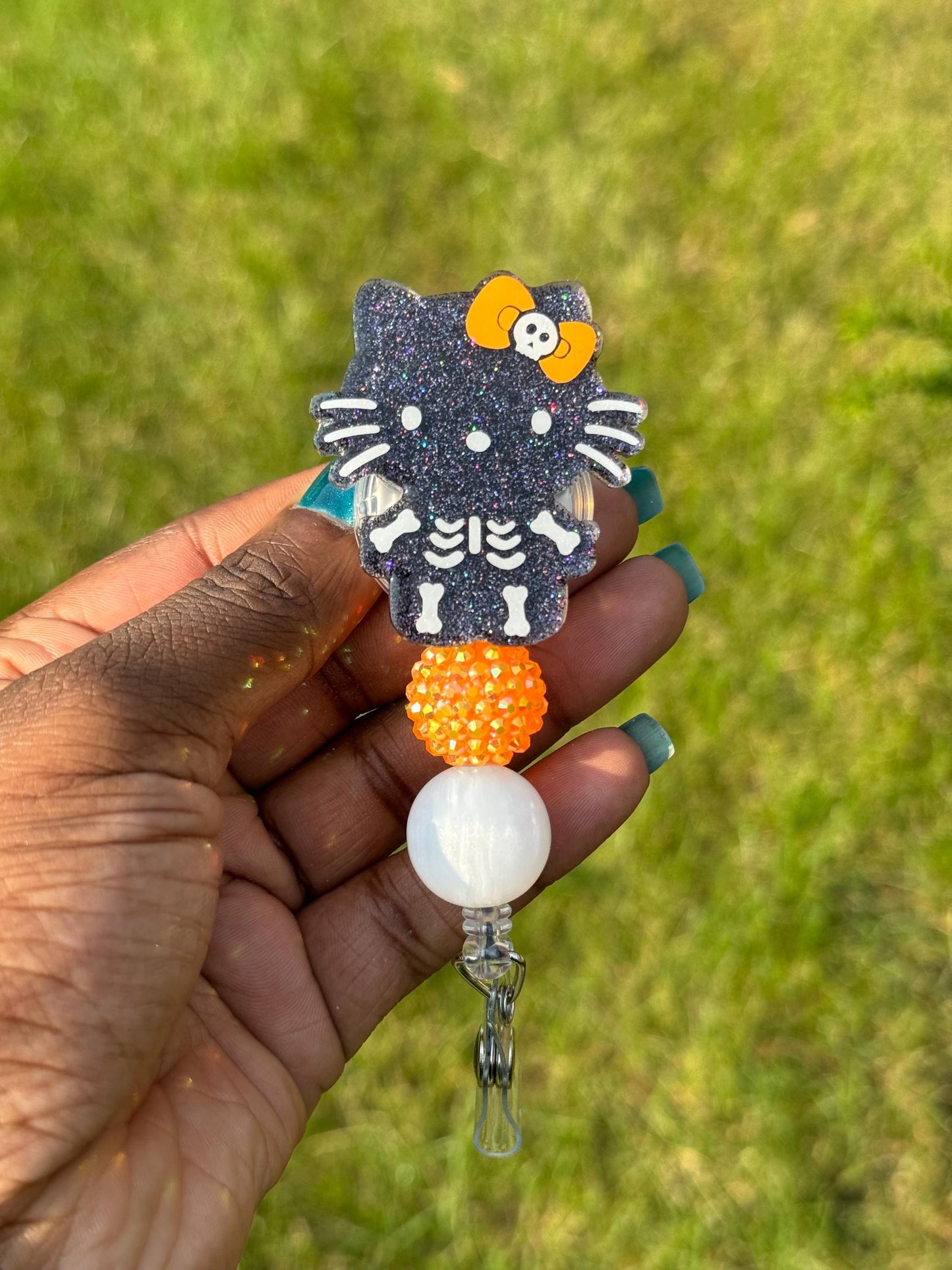 Skeleton Kitty Retractable Badge Reel, HK badge reel, Cute ID Holder, Kawaii Key Card Holder, RN Badge Reel