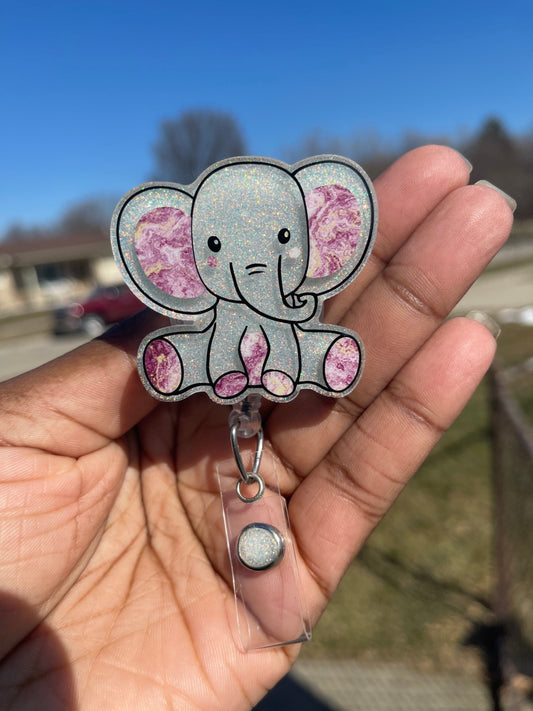 White marbled sitting elephant badge reel