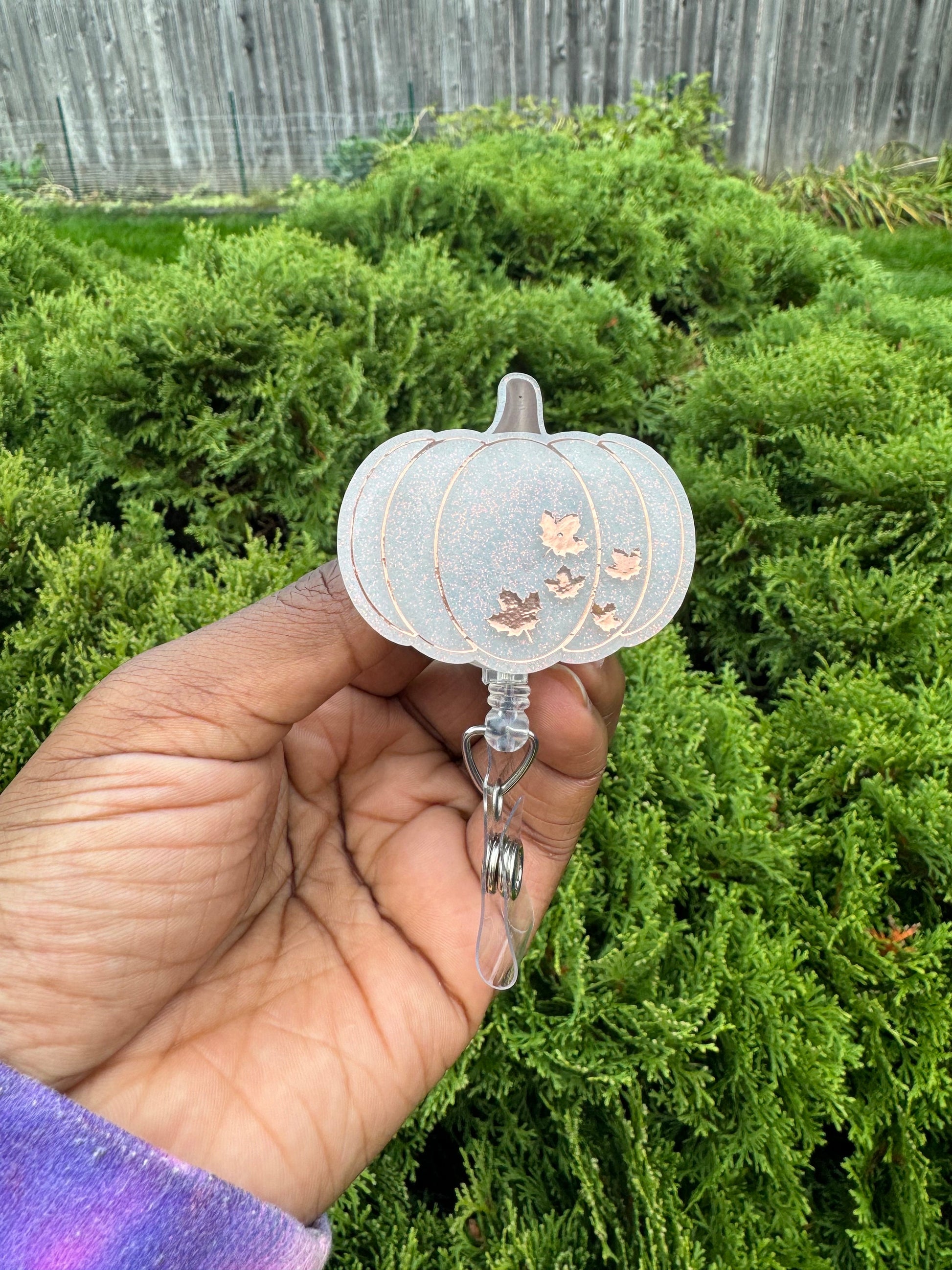 White fall Pumpkin badge reel