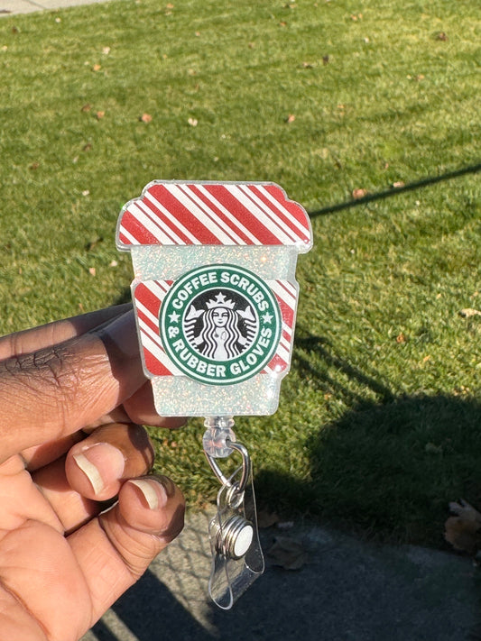 Christmas Coffee Cup Retractable Badge Reel, Nurse ID Holder, Christmas Badge Reel,