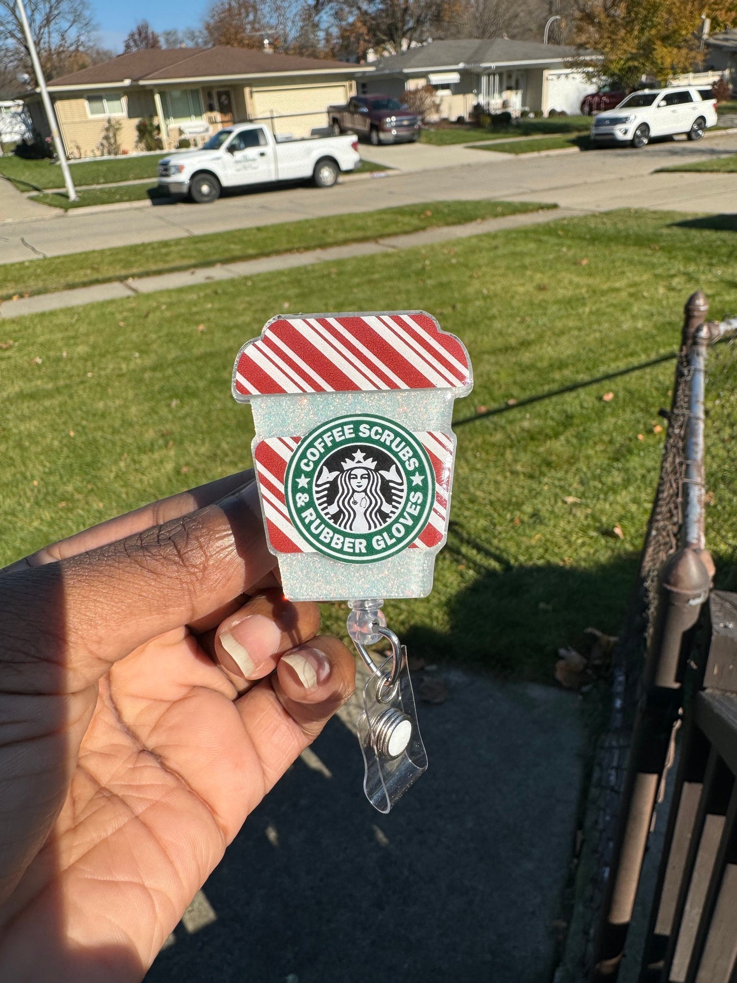 Christmas Coffee Cup Retractable Badge Reel, Nurse ID Holder, Christmas Badge Reel,