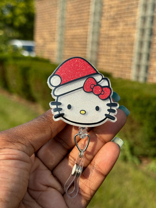 Santa Kitty Head Retractable Badge Reel, HK badge reel, Cute ID Holder, Kawaii Key Card Holder, RN Badge Reel