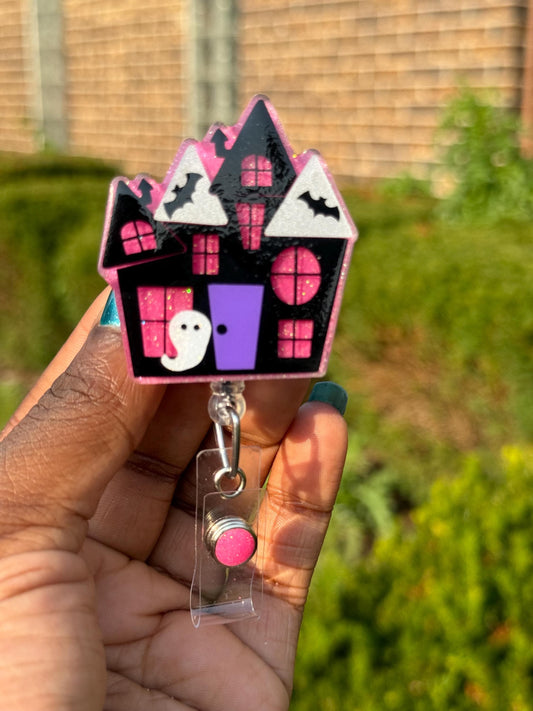 Haunted House Retractable Badge Reel, Halloween Badge Holder, Spooky Season ID Holder, Fall Holiday Gifts