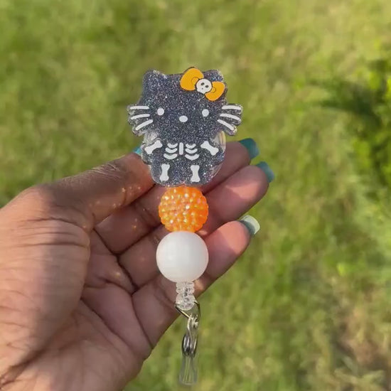 Skeleton Kitty Retractable Badge Reel, HK badge reel, Cute ID Holder, Kawaii Key Card Holder, RN Badge Reel