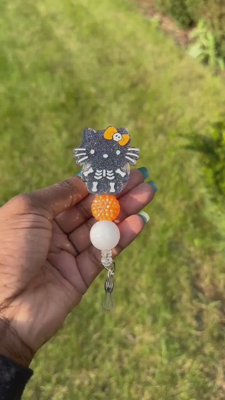 Skeleton Kitty Retractable Badge Reel, HK badge reel, Cute ID Holder, Kawaii Key Card Holder, RN Badge Reel