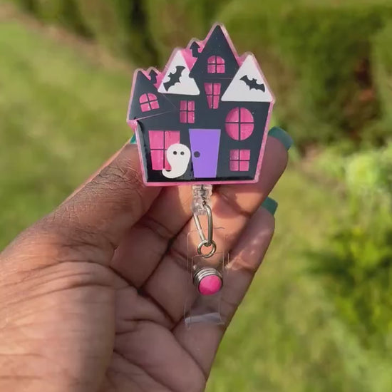 Haunted House Retractable Badge Reel, Halloween Badge Holder, Spooky Season ID Holder, Fall Holiday Gifts