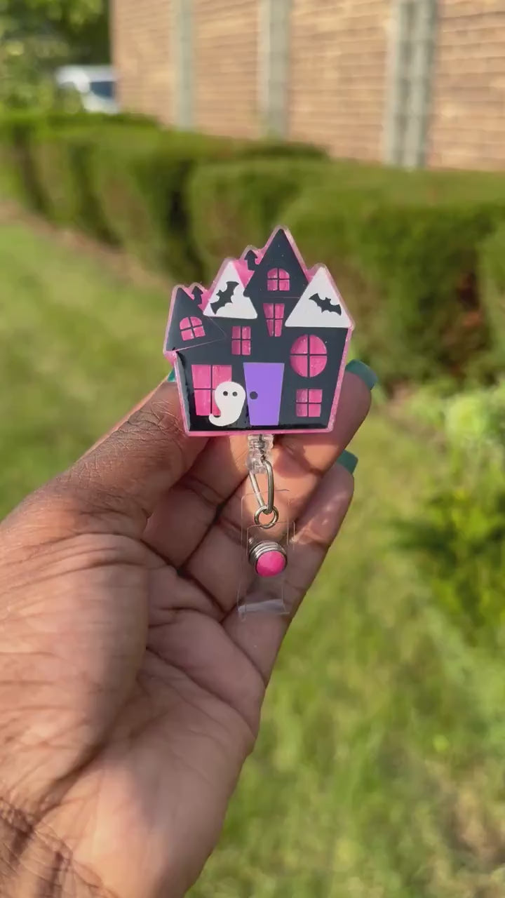 Haunted House Retractable Badge Reel, Halloween Badge Holder, Spooky Season ID Holder, Fall Holiday Gifts
