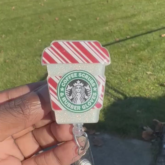 Christmas Coffee Cup Retractable Badge Reel, Nurse ID Holder, Christmas Badge Reel,
