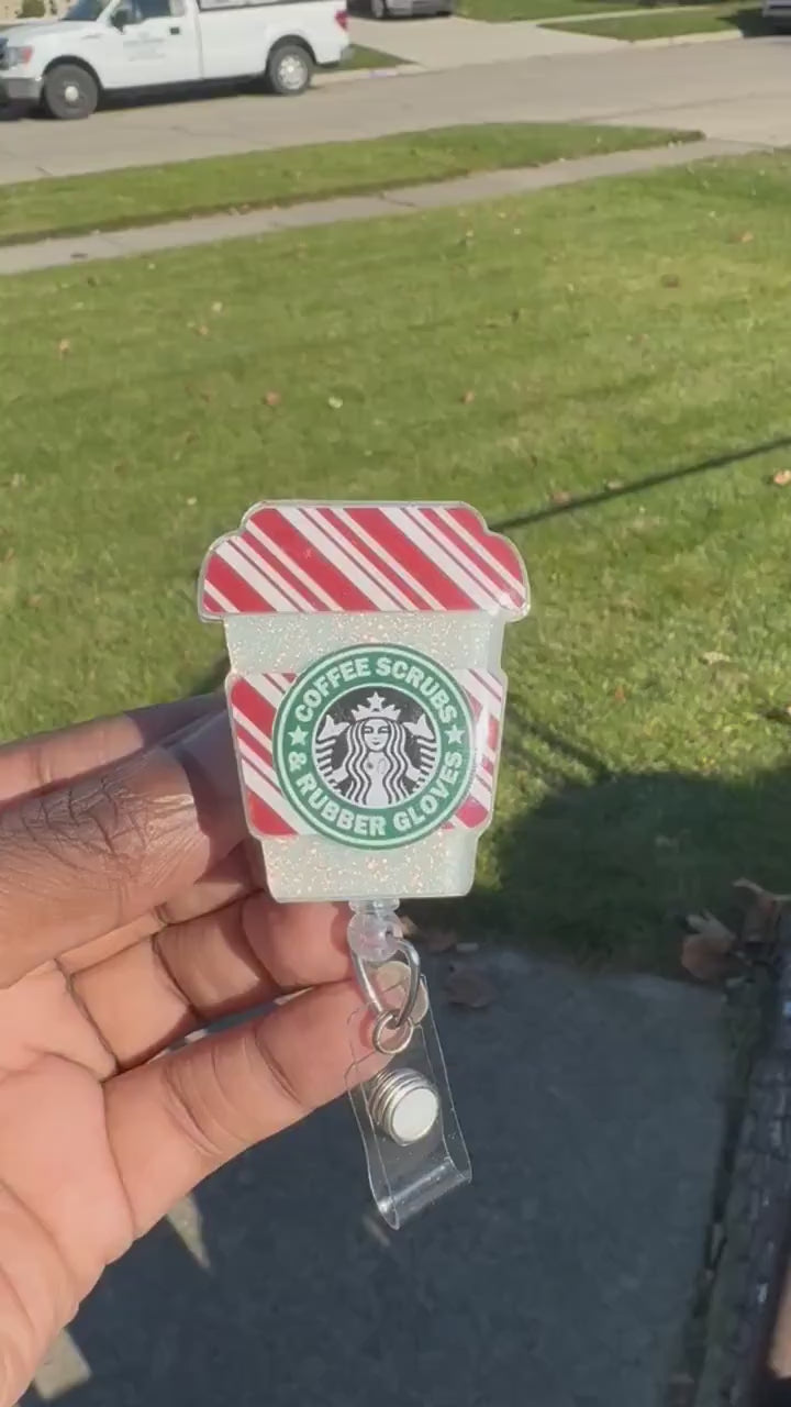 Christmas Coffee Cup Retractable Badge Reel, Nurse ID Holder, Christmas Badge Reel,
