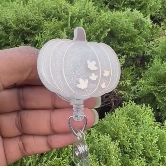 White fall Pumpkin badge reel
