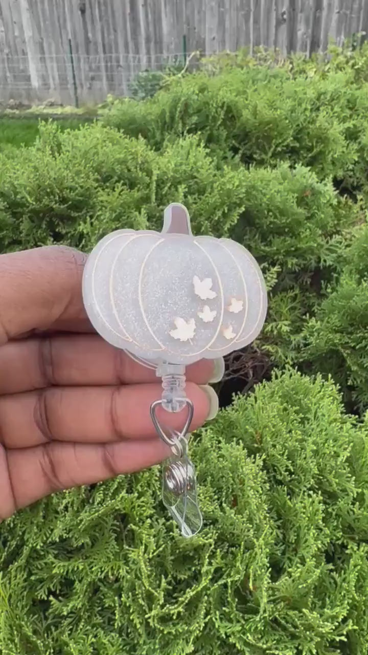 White fall Pumpkin badge reel