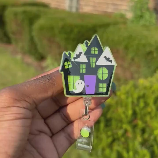 Haunted House Retractable Badge Reel, Halloween Badge Holder, Spooky Season ID Holder, Fall Holiday Gifts