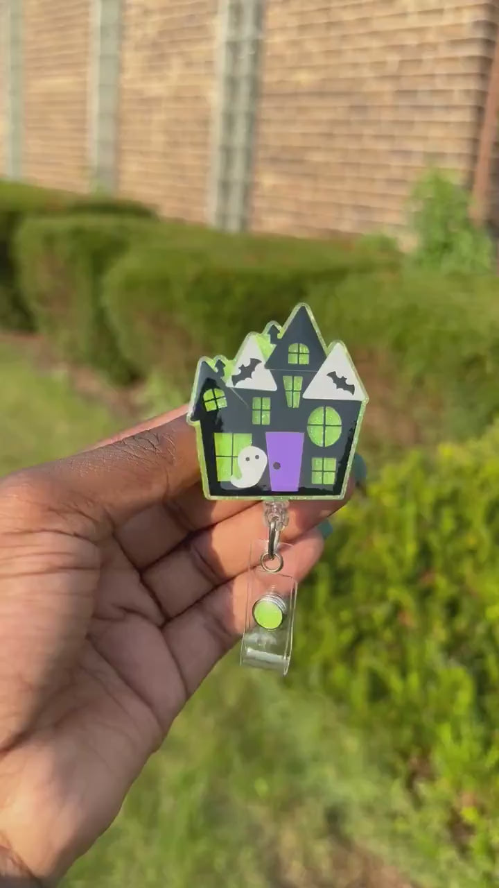 Haunted House Retractable Badge Reel, Halloween Badge Holder, Spooky Season ID Holder, Fall Holiday Gifts