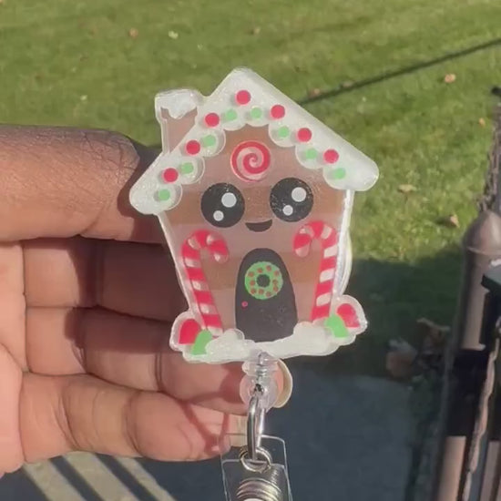 GingerBread House Retractable Badge Reel, Christmas ID Holder, Nurse Key Card Holder, Winter Holiday