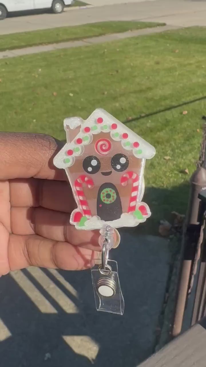 GingerBread House Retractable Badge Reel, Christmas ID Holder, Nurse Key Card Holder, Winter Holiday