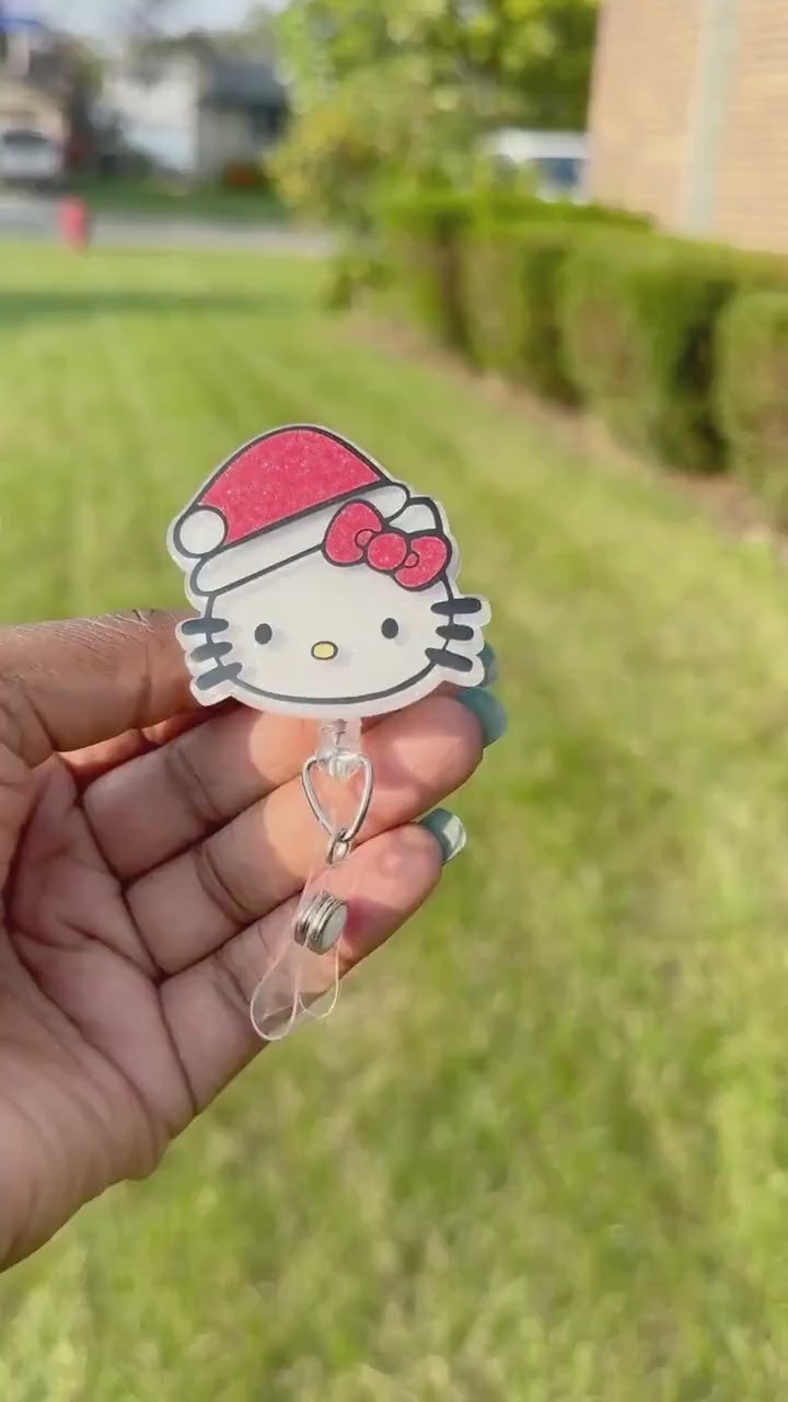 Santa Kitty Head Retractable Badge Reel, HK badge reel, Cute ID Holder, Kawaii Key Card Holder, RN Badge Reel