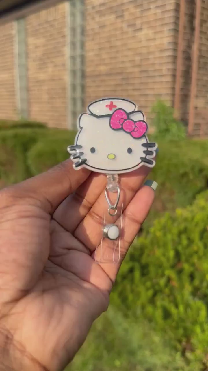 Nurse Kitty Head Retractable Badge Reel, HK badge reel, Cute ID Holder, Kawaii Key Card Holder, RN Badge Reel