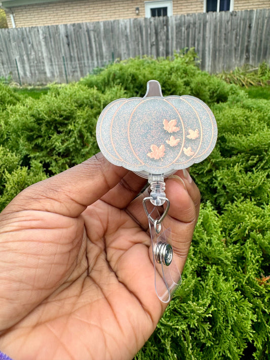 White fall Pumpkin badge reel