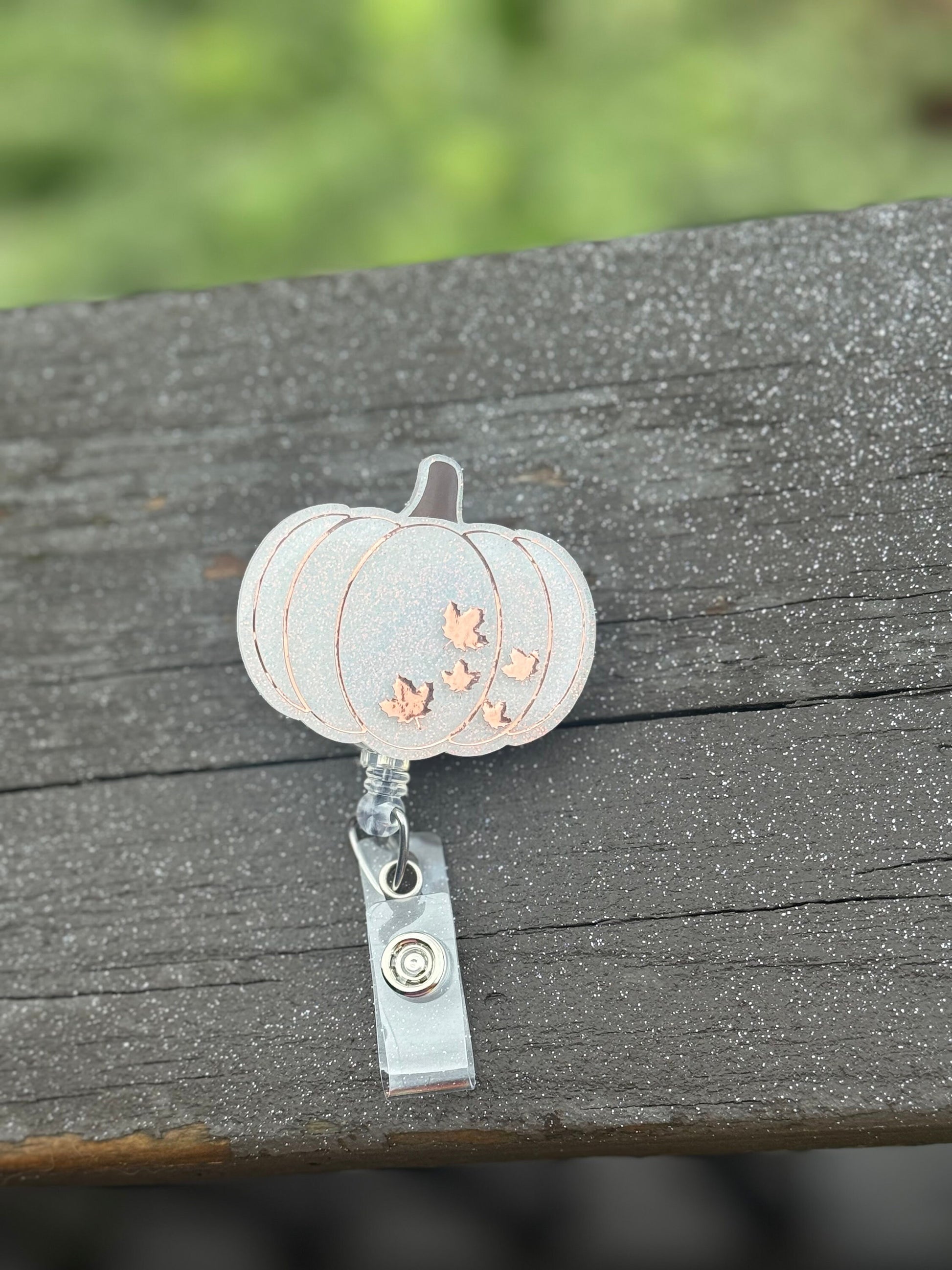 White fall Pumpkin badge reel
