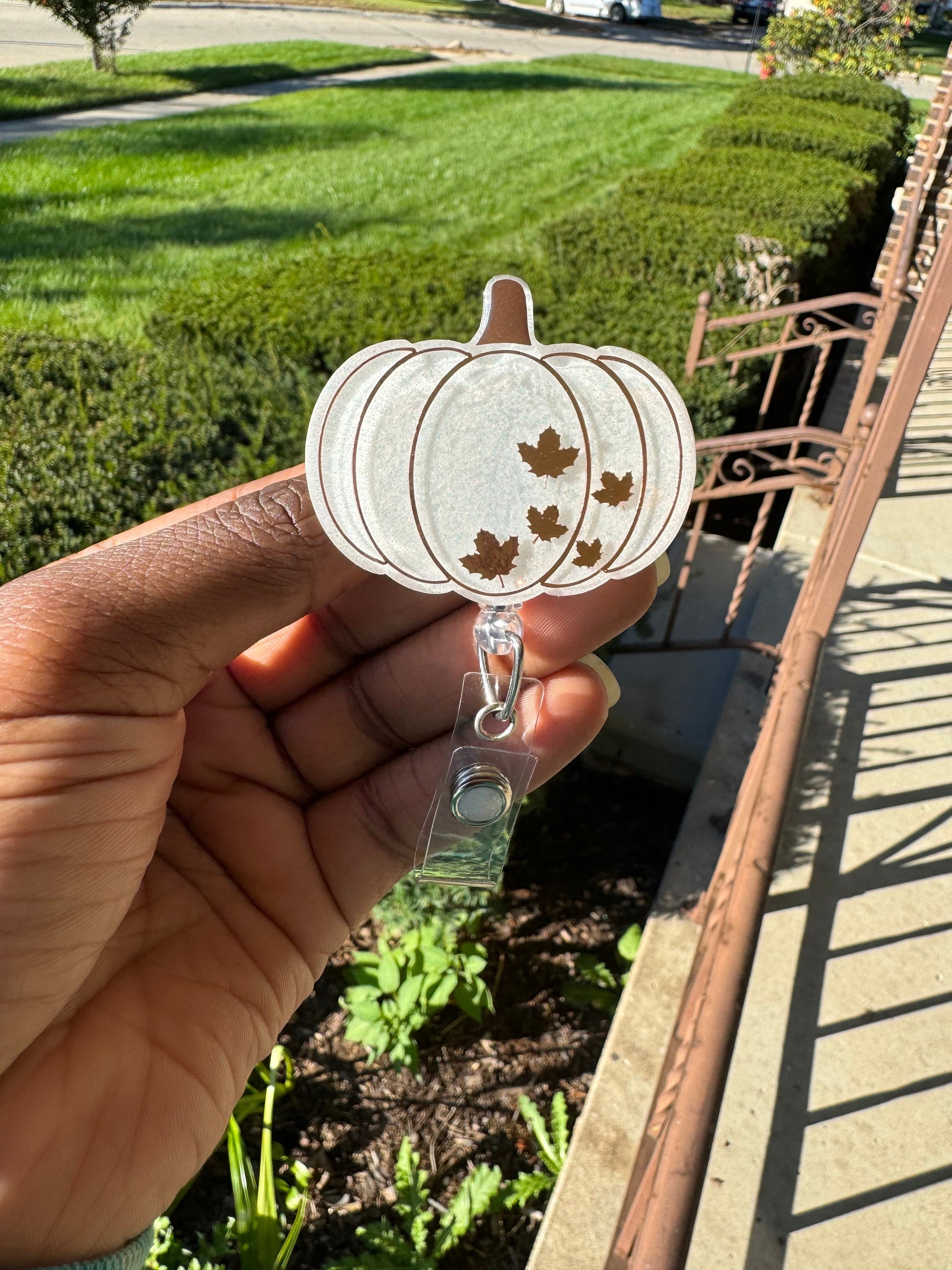 White fall Pumpkin badge reel